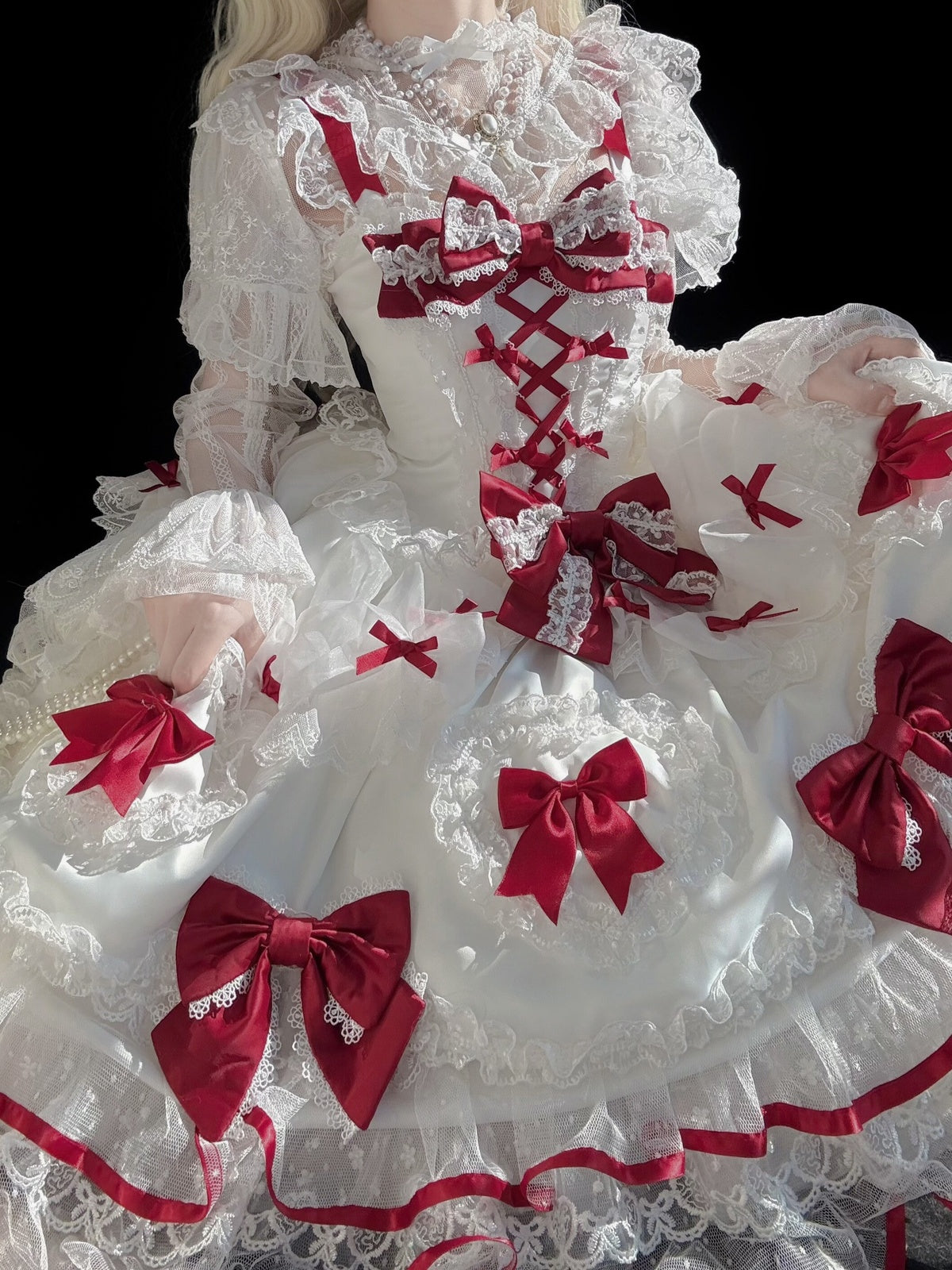 Red & White Lolita JSK Dress with Back Bow & Veil | Strappy Gown