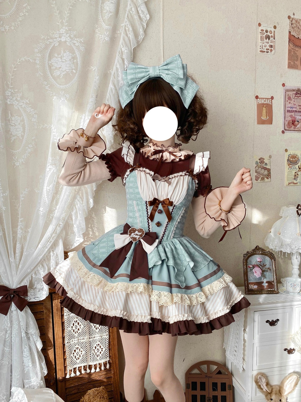 Mint Chocolate Sweet Lolita JSK Dress Set with Knit Blouse