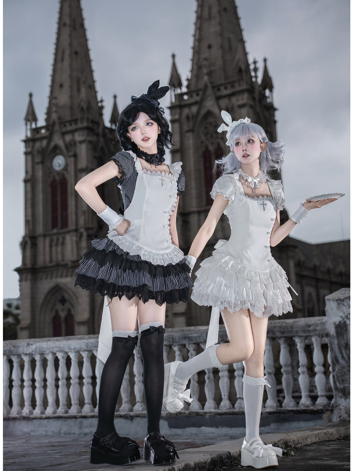 White Sweet Lolita Puff Skirt OP Set with Top Hat & Sleeves