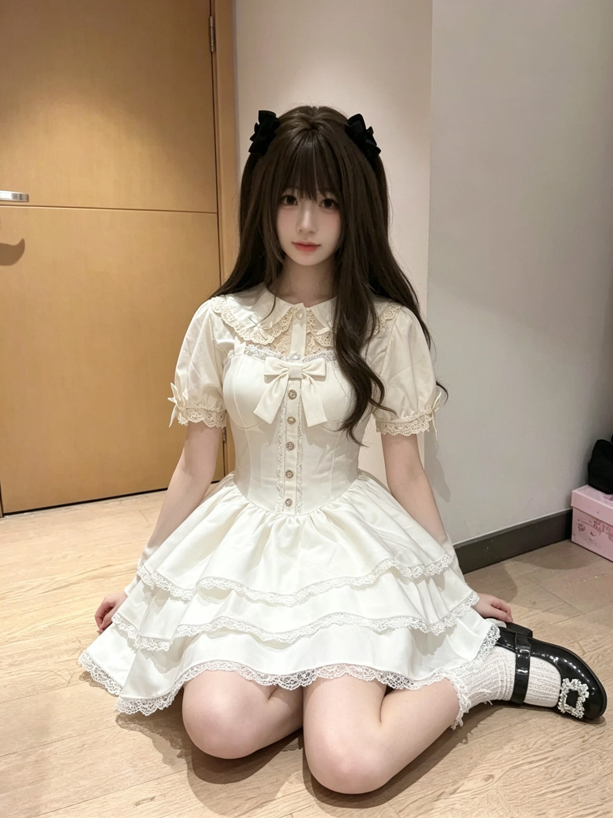 Cute Apricot Sweet Lolita Dress Short Sleeve Tiered JSK Petticoat Set