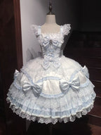 Blue & White Lolita JSK Dress with Train & Headband Set