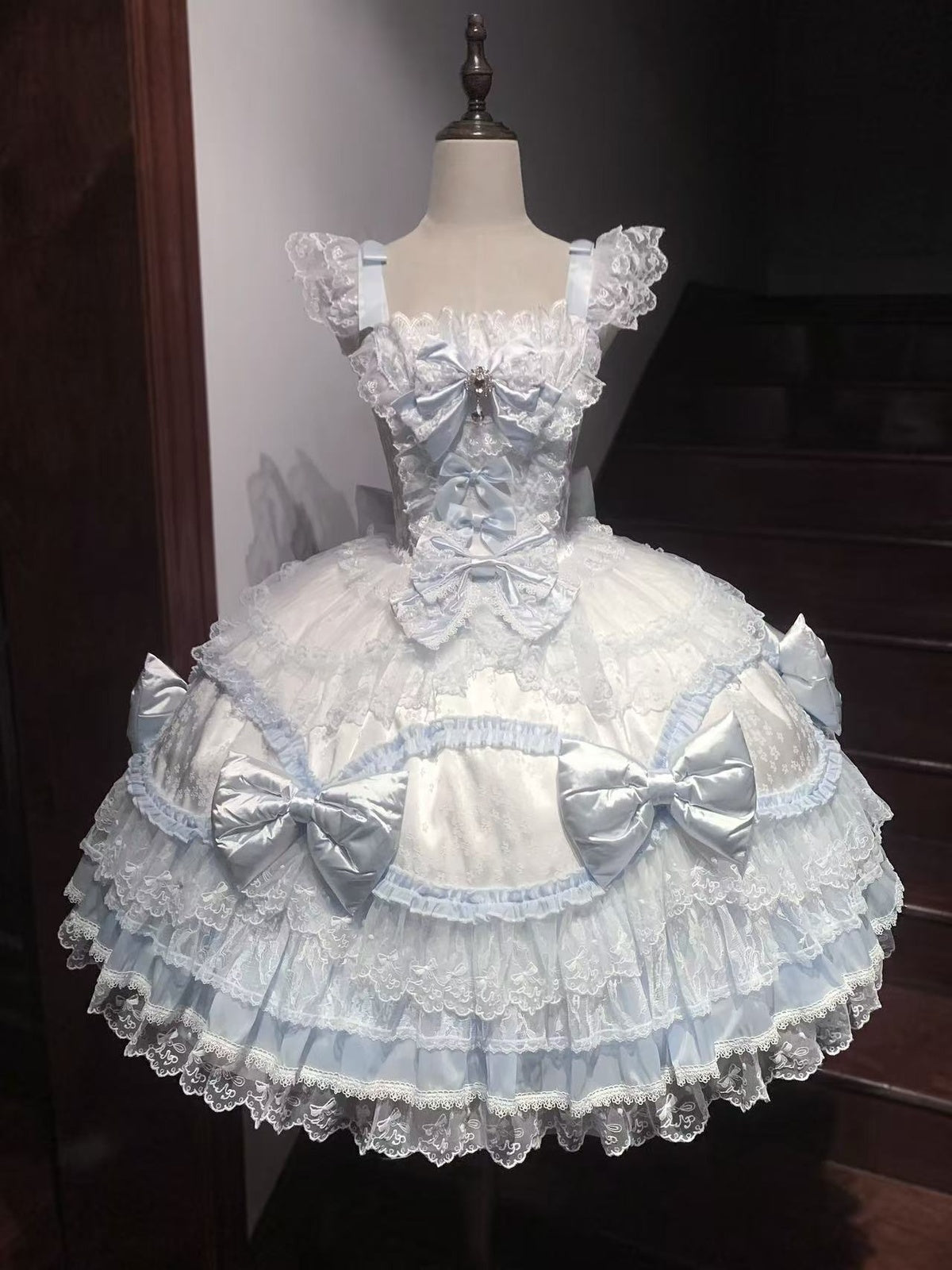 Blue & White Lolita JSK Dress with Train & Headband Set
