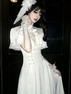 Elegant Off White Vintage Lace Lolita Dress Short Sleeve Midi JSK Set