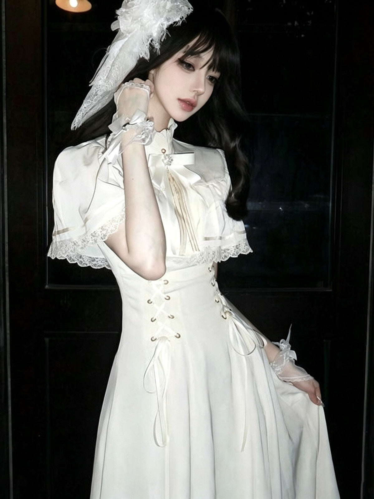 Elegant Off White Vintage Lace Lolita Dress Short Sleeve Midi JSK Set