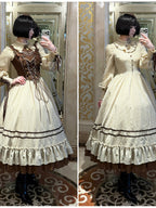 Long Ruffle Lolita OP Set with Corset, Drape & Brooch