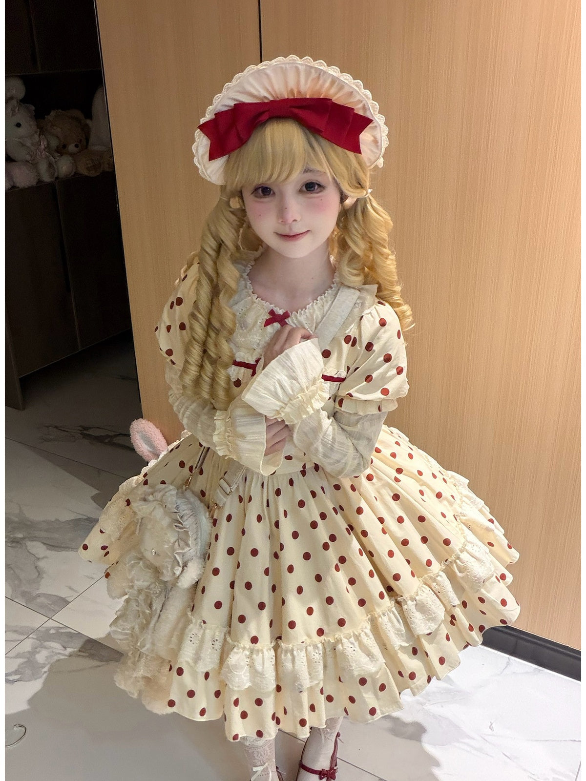 Short Doll Lolita Cotton Print OP Set with Apron & BNT