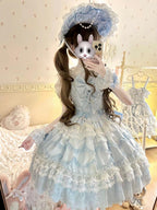 Vintage Old-School Blue Lolita JSK Dress Full Set with Petticoat