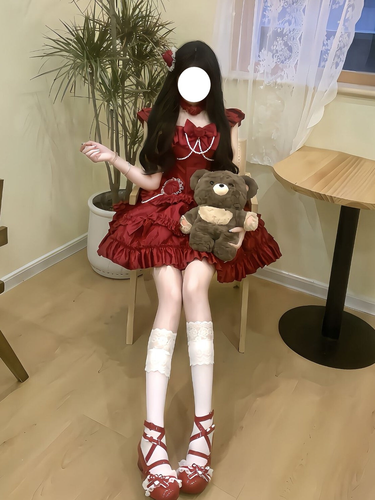 Sweet Wine Red Rose Lolita JSK Princess Dress with Choker & Train