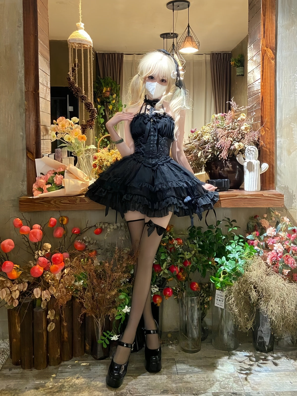 Gothic Cross Lolita Dress Full Set with Sleeves & Headpiece