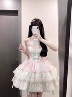 Apricot Green Lolita Halter Neck Princess Dress with Train & Petticoat