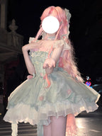 Sweet Mint Green Floral Lolita Princess Dress Set with Train