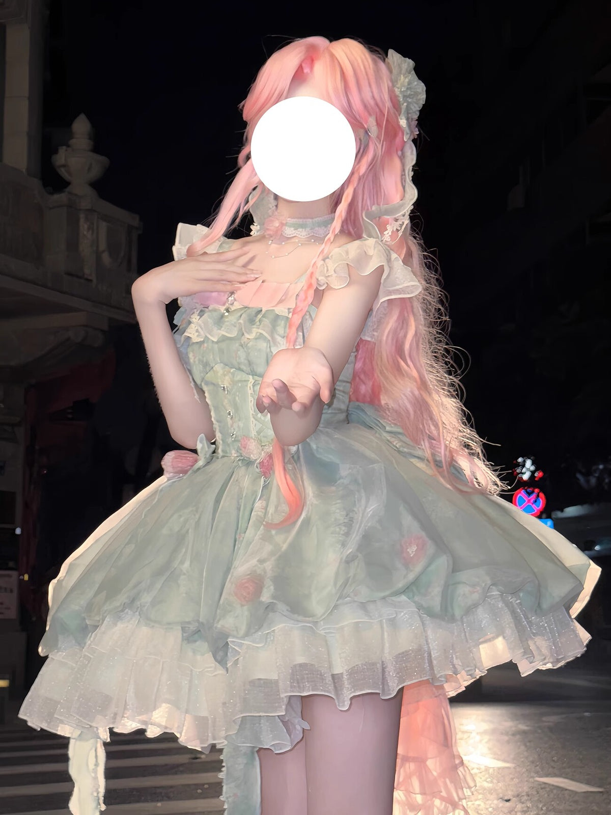 Sweet Mint Green Floral Lolita Princess Dress Set with Train