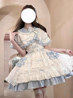 Blue & White Sweet Lolita Dress Set with Cape & Hair Clip Full Set