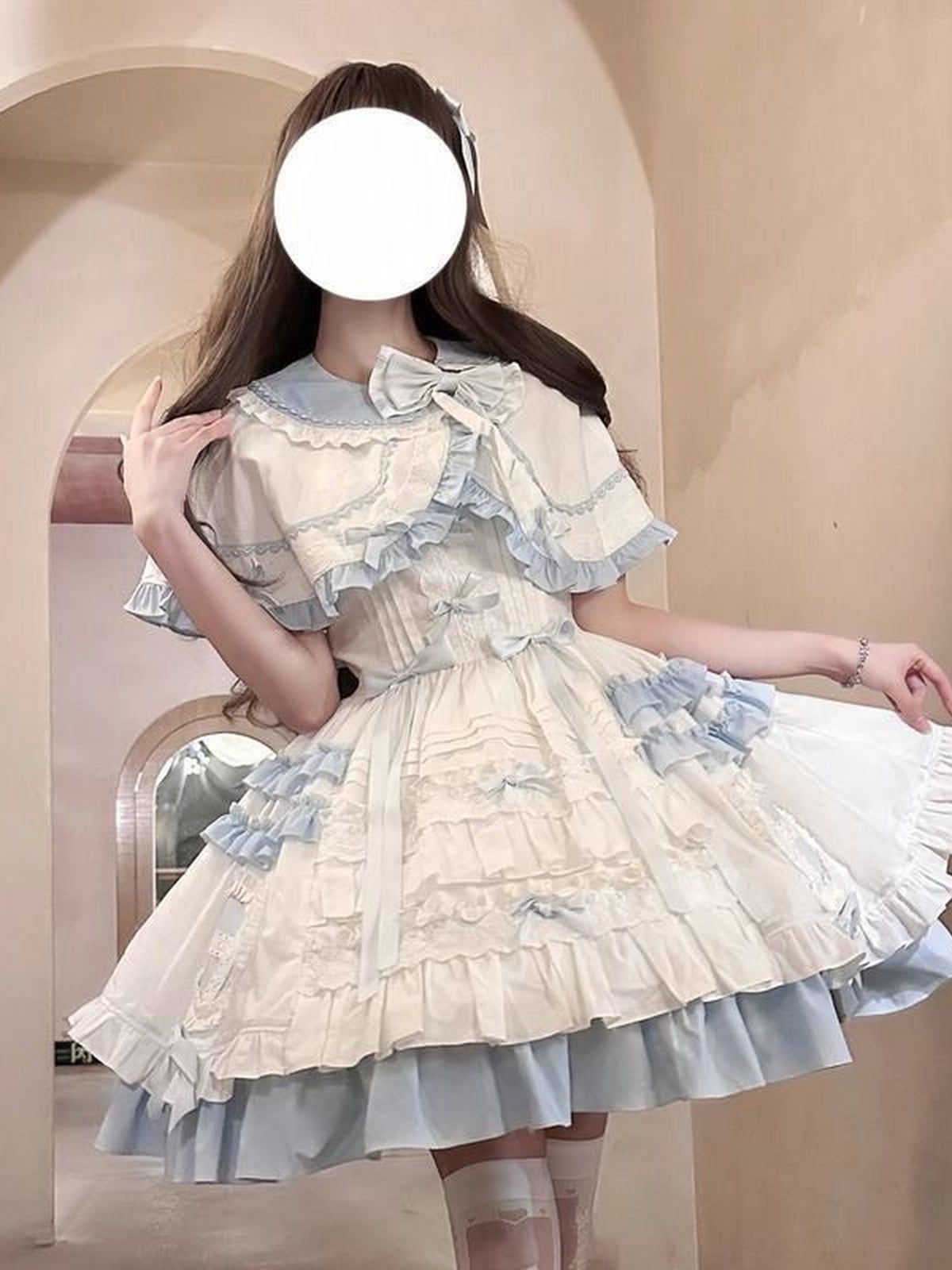 Blue & White Sweet Lolita Dress Set with Cape & Hair Clip Full Set
