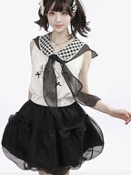 White Gingham Peter Pan Collar Tank with Cartoon Print - PINK SAVIOR | CoyBunny