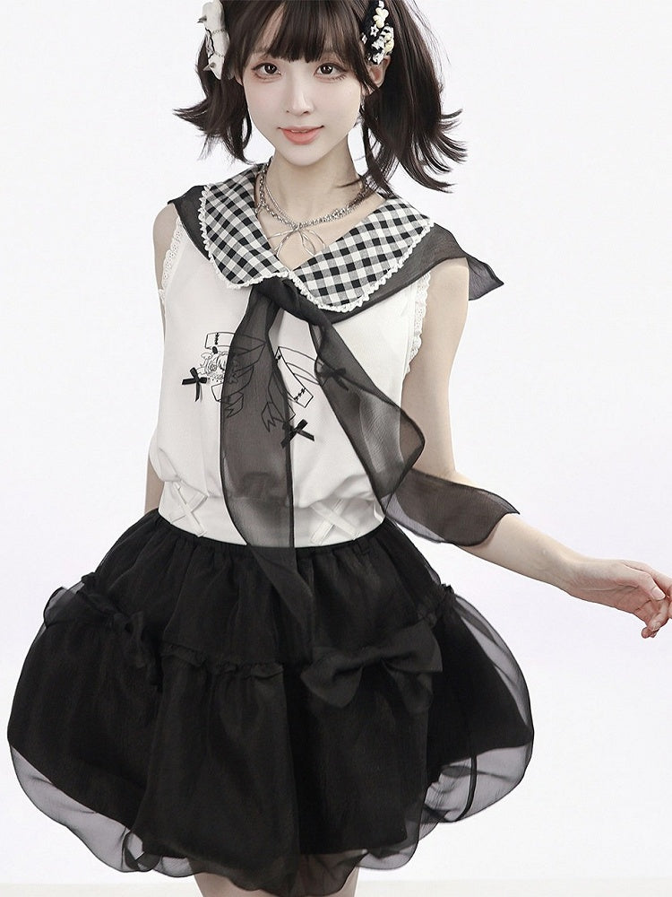 White Gingham Peter Pan Collar Tank with Cartoon Print - PINK SAVIOR | CoyBunny
