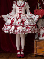 White Ruffled Neck Lolita Tiered Bell Sleeves Blouse Red Bows - Starry Messenger | CoyBunny