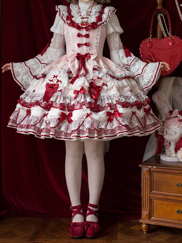 White Ruffled Neck Lolita Tiered Bell Sleeves Blouse Red Bows - Starry Messenger | CoyBunny