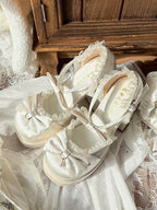 White Platform Round Toe Shoes with Pearl Chain & Lace Bow Accent 12cm Heels - Witch's Night | CoyBunny