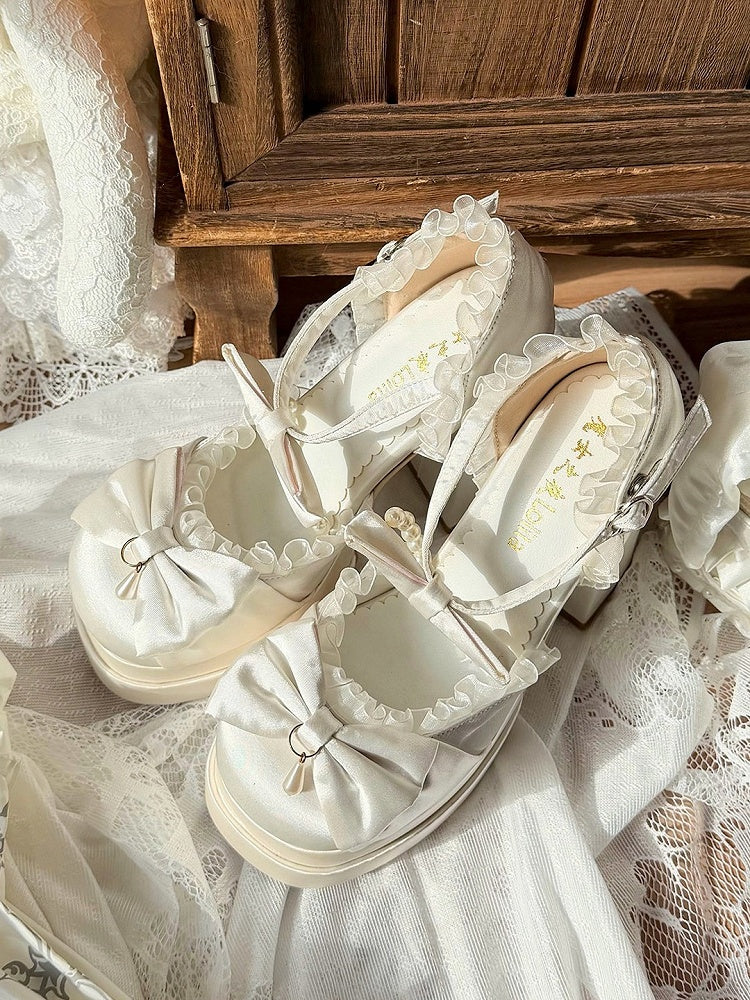White Platform Round Toe Shoes with Pearl Chain & Lace Bow Accent 12cm Heels - Witch's Night | CoyBunny