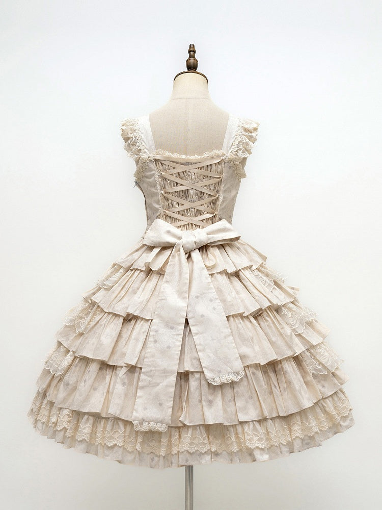 Beige and Brown Bunny Print Layered Ruffle Jumper Skirt with Bows - NnSTAR | CoyBunny