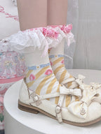 Pink&Yellow Sweet Lolita Bowknot Striped Pattern Calf Socks | CoyBunny