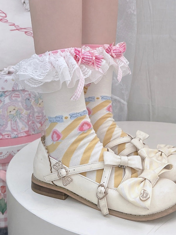 Pink&Yellow Sweet Lolita Bowknot Striped Pattern Calf Socks | CoyBunny