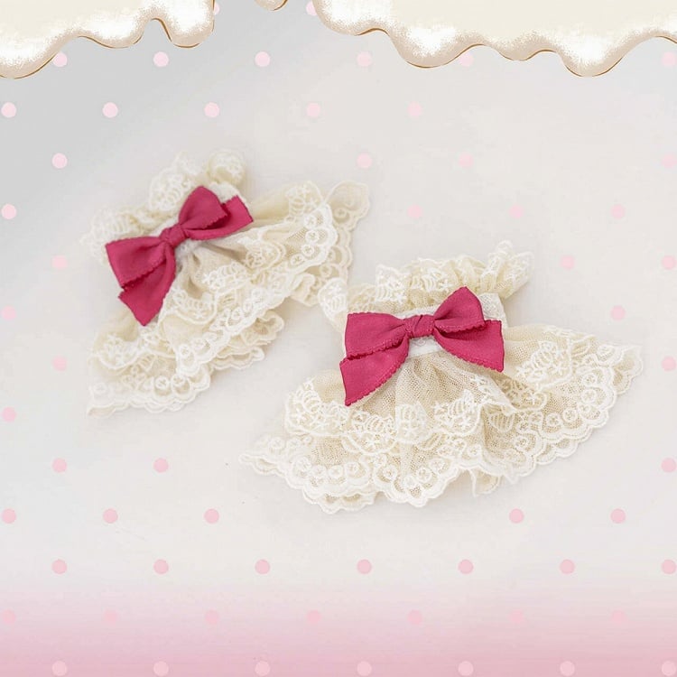 Beige Lace Sweet Lolita Wrist Cuffs with Pink Bows - B.Dolly | CoyBunny