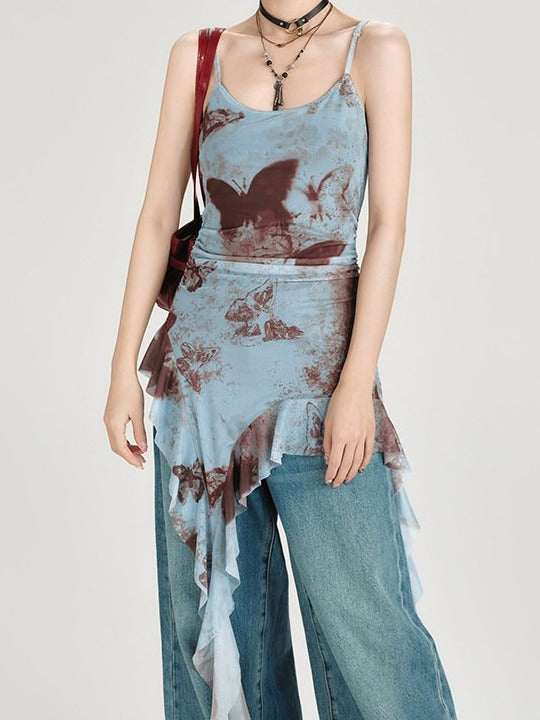 Retro Butterfly Print Summer Top with Cascading Ruffles - Girlyhalo | CoyBunny
