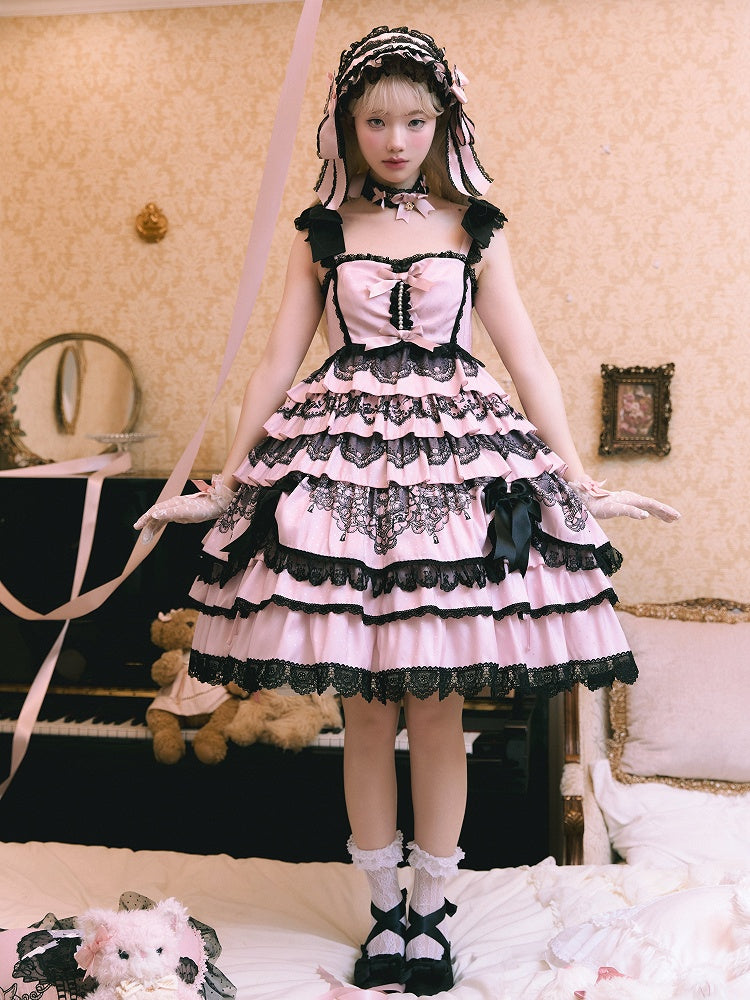 Black Pink High Waist Ruffled Lolita Jumper Skirt - Mademoiselle Pearl | CoyBunny