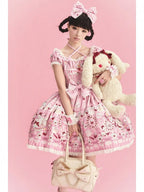 Cat Print Rose Sweet Lolita OP Dress with Removable Crisscross Halter Straps - Pastry Chef | CoyBunny