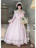 Lace Trim Long Sleeve OP Dress with Ruffles, Pink Lolita Style - Hua Xia Miao | CoyBunny