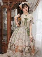 Green Cat Print Round Neck Sweet Lolita Dress with Lace Trim - NyaNya | CoyBunny