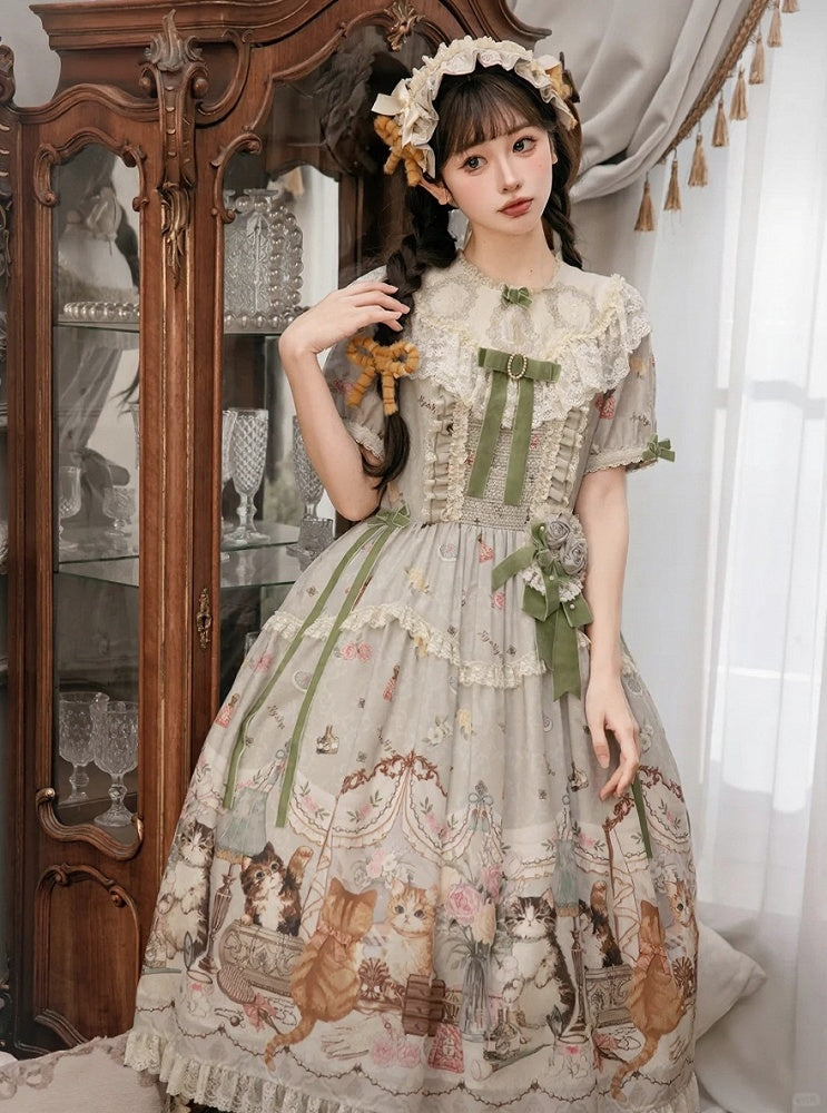Green Cat Print Round Neck Sweet Lolita Dress with Lace Trim - NyaNya | CoyBunny