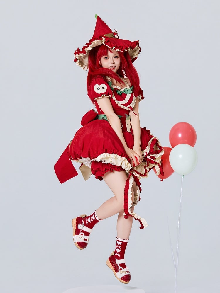 Red Ruffled Sweet Lolita Fluffy OP Dress Full Set | CoyBunny