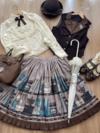 Gray Brown Coffee Cup Bookshelf Print Elegant Skirt Ruffled Hem - Dream Whale | CoyBunny