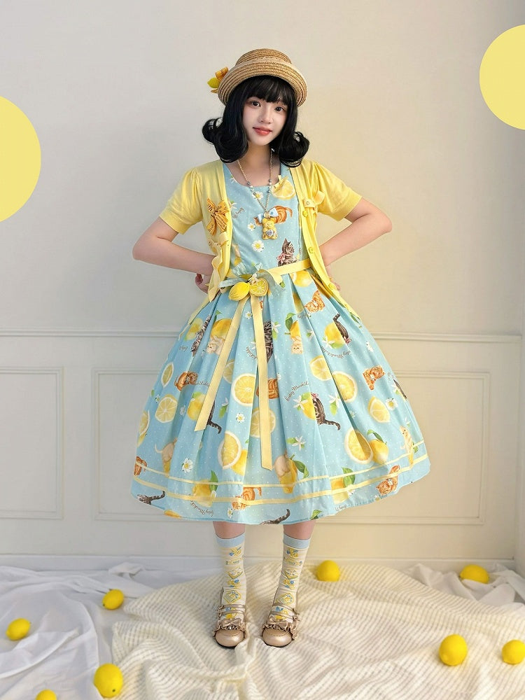 Blue Sweet Lolita Floral Print Jumper Dress with Cat Motif - Cutey Mask | CoyBunny