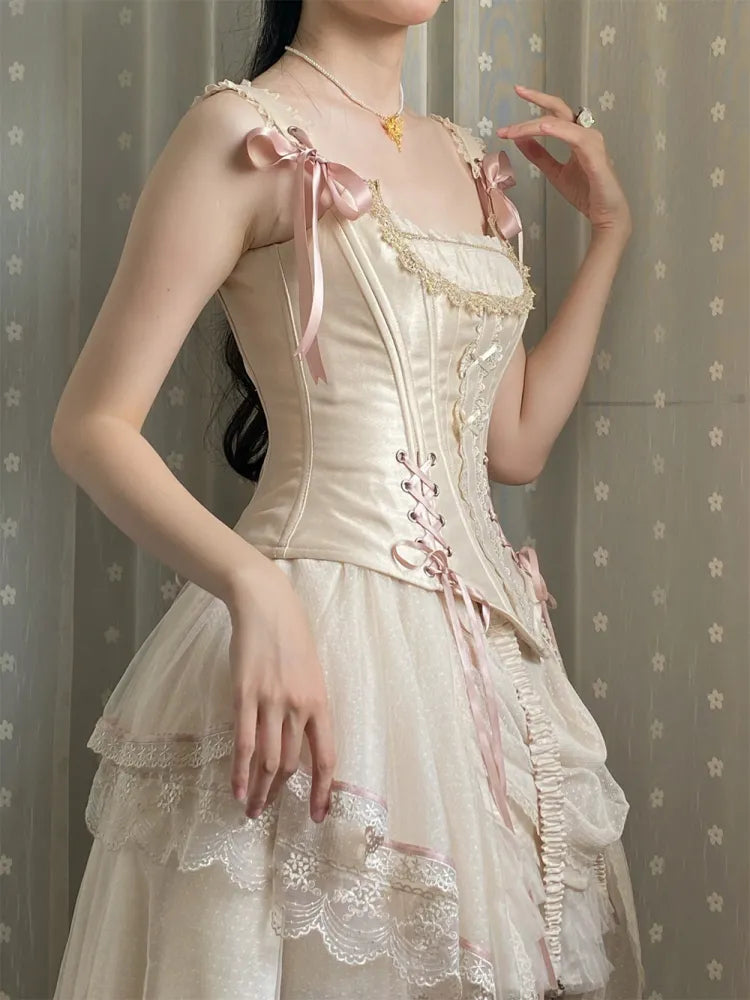 Champagne Lace-up Corset Top + High-low Layered Lolita Skirt (S-XL) | CoyBunny