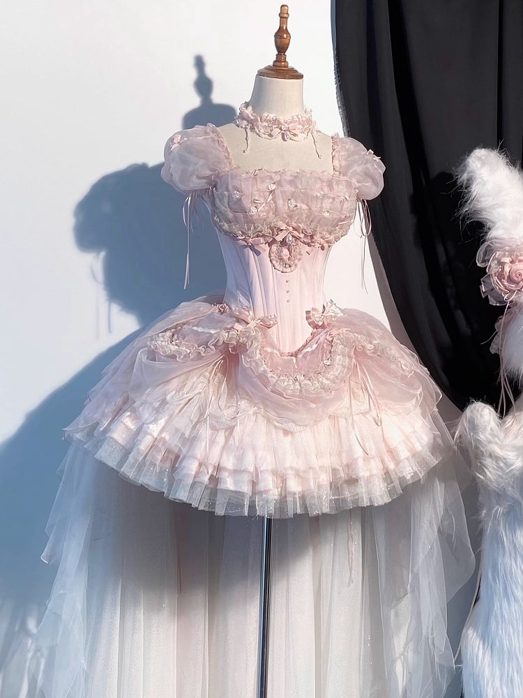 Pink Balletcore Princess Lolita Outfit - Boned Corset Top & Layered Ruffle Skirt Set | CoyBunny