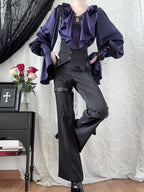 Lilac Lace-Up Ruffle Shirt with Black Flower Chains - Shi Zhi Mao | CoyBunny