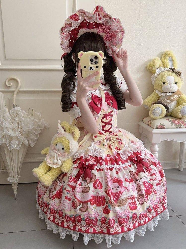 Teddy and Strawberry Print Yellow Sweet Lolita JSK Dress with Lace Trims and Bow Accents - Miss Han | CoyBunny
