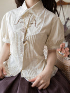 Beige Pleated Bodice Short Puff Sleeves Shirt | CoyBunny