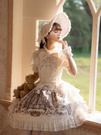 Beige and Brown Bunny Print Layered Ruffle Jumper Skirt with Bows - NnSTAR | CoyBunny