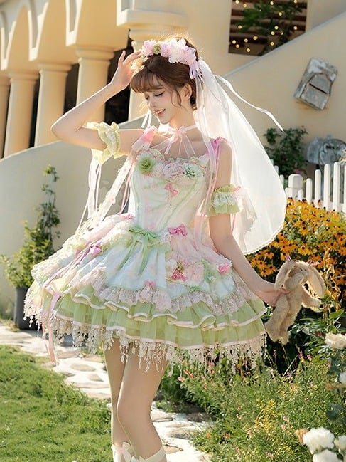 Sweet Lolita JSK Set with Floral Crown and Detachable Sleeves - Sweetheart Macaron Lolita | CoyBunny