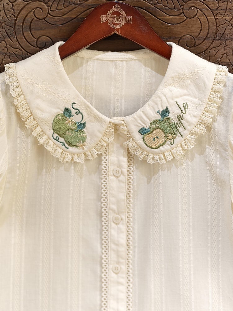 Green Apple Embroidery Collar Cream Short Sleeve Top - Dream Magic Box | CoyBunny