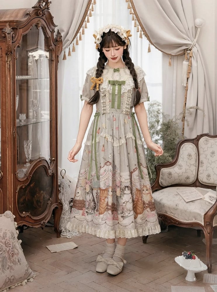 Green Cat Print Round Neck Sweet Lolita Dress with Lace Trim - NyaNya | CoyBunny