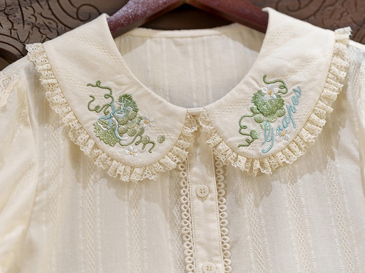 Green Grape Embroidery Collar Cream Short Sleeve Top - Dream Magic Box | CoyBunny