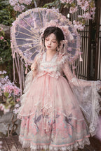 Peach Blossom Print Pink Empire Waist Chinoiserie Lolita Dress with Beaded Sheer Overlay - Dream Magic Box | CoyBunny
