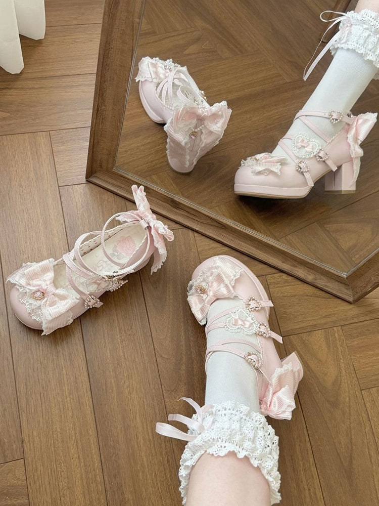 Sweet Lolita Pink Middle Heel Platform Shoes with Lace - Sheep Puff | CoyBunny