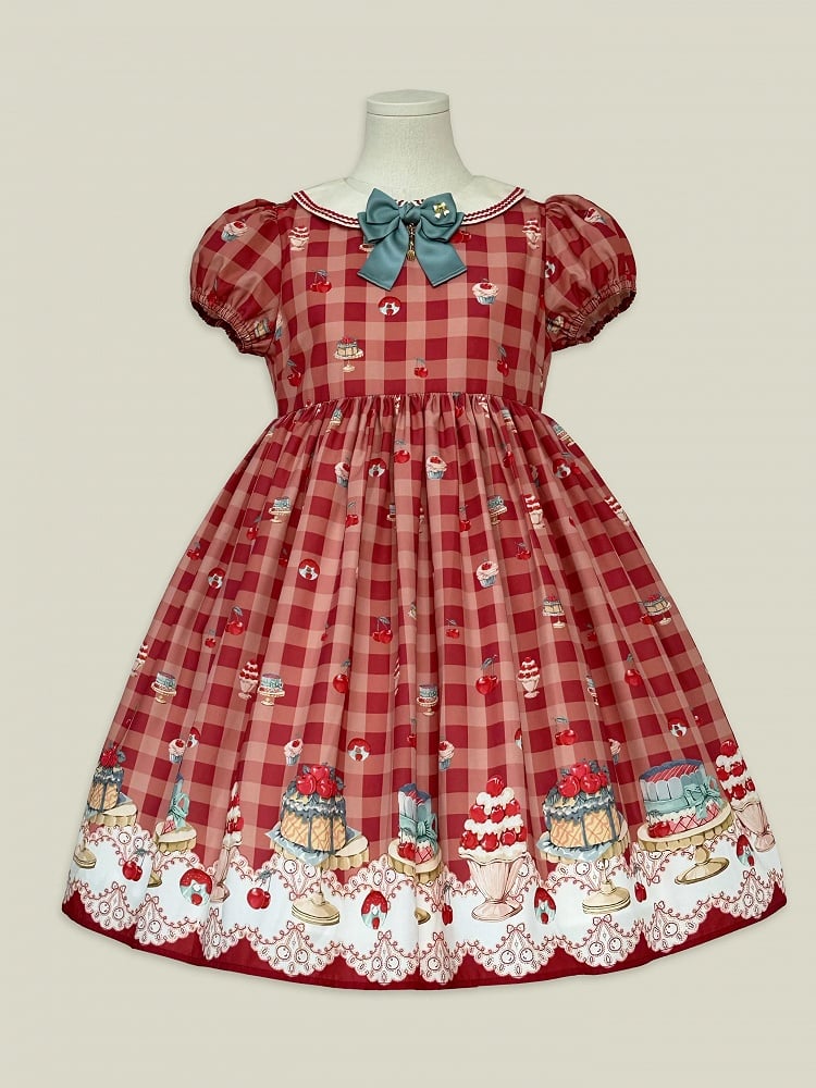 Red High-Waisted Cherry and Dessert Sweet Lolita Gingham Dress | CoyBunny
